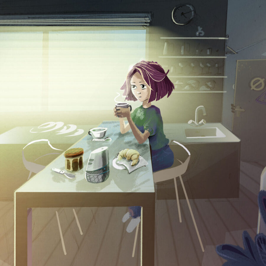 illustration shinny matin café RGPD project formation game illustration shinny matin café RGPD project formation game illustration lyon jeux parcours de formation tactile tablette smartphone ambiance intérieure cuisine personnages dinner smartgame RGPD hopital accueil dentiste comptoir personnages fille cuisine