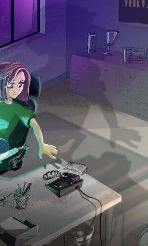 illustration shinny matin café RGPD project formation game illustration lyon jeux parcours de formation tactile tablette smartphone ambiance intérieure cuisine personnages dinner smartgame RGPD restaurant bar fille bureau ordinateur PC mac eclairage ombre