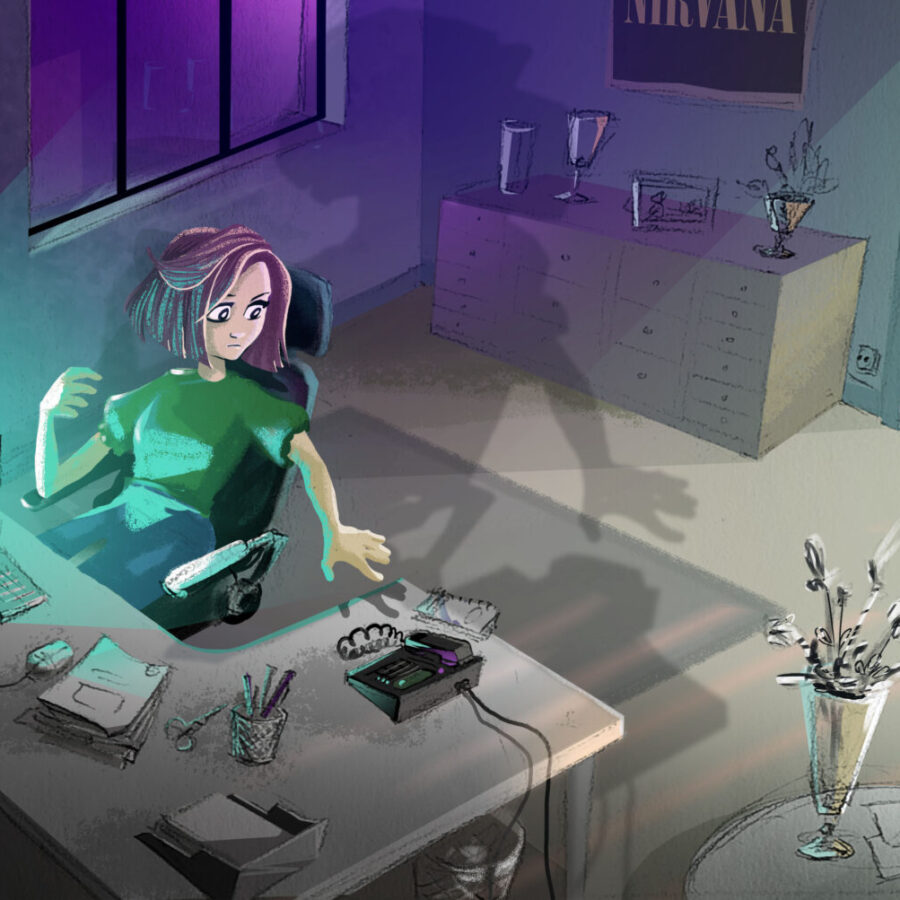 illustration shinny matin café RGPD project formation game illustration lyon jeux parcours de formation tactile tablette smartphone ambiance intérieure cuisine personnages dinner smartgame RGPD restaurant bar fille bureau ordinateur PC mac eclairage ombre