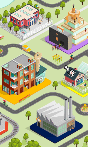 illustration digitale - ville numérique - parcours pédagogique - isométrie