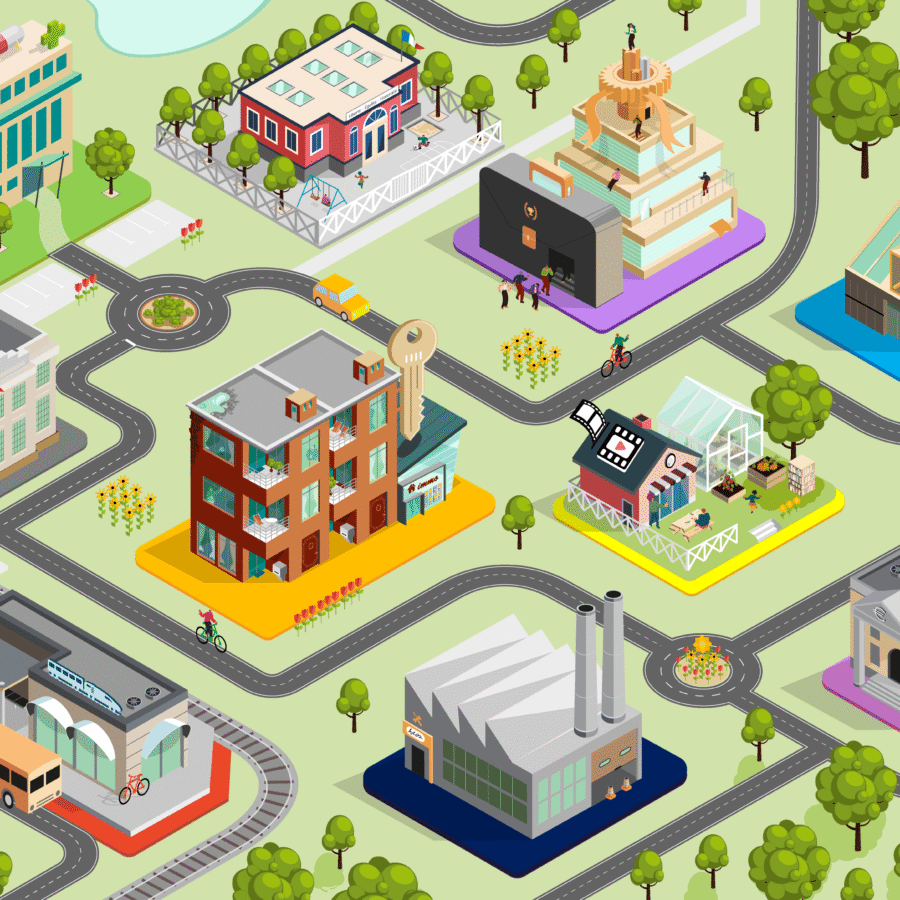 illustration digitale - ville numérique - parcours pédagogique - isométrie