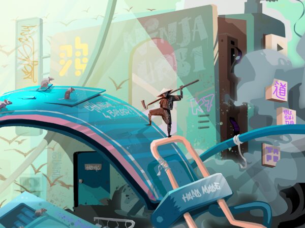 Lyon cyber samurai mode ninja illustration audio casque musique urbain streetart rat k7 walkman retro